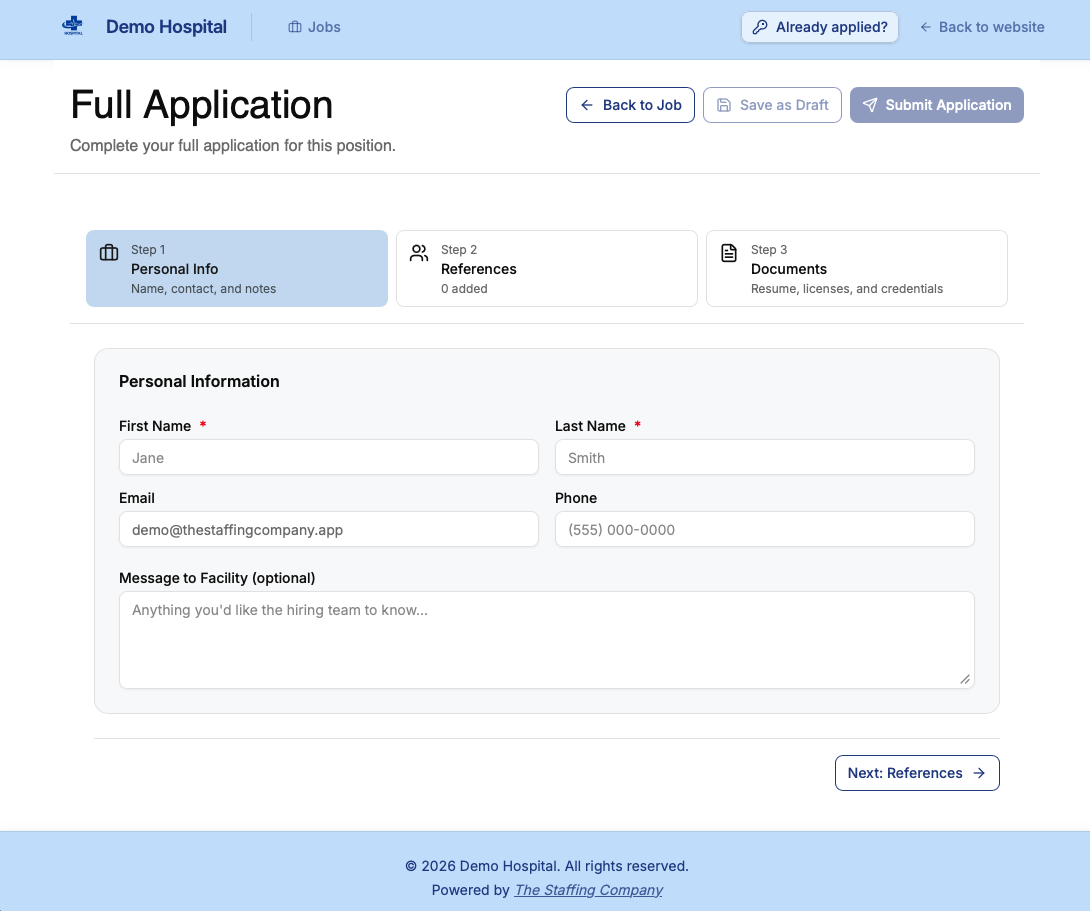 Full application flow with credentials and references