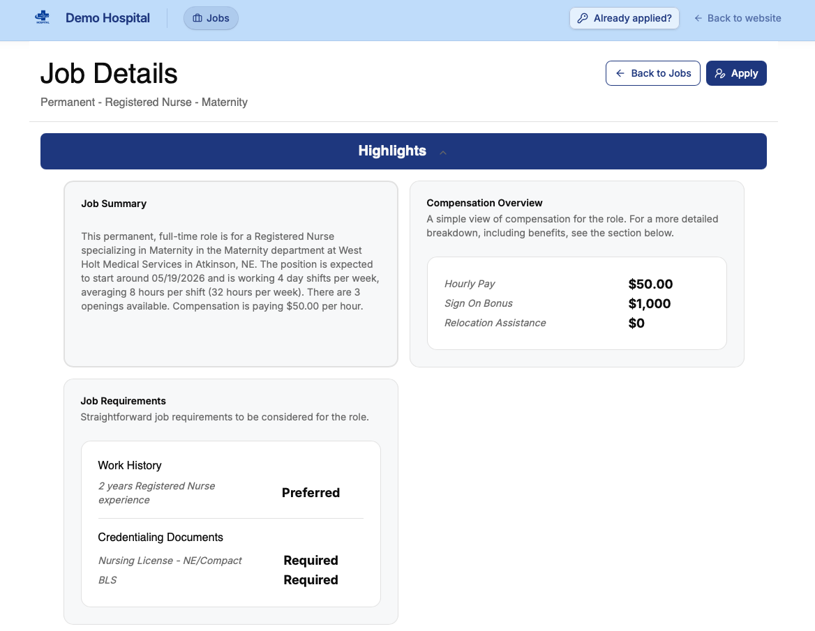 Job details page with compensation and requirements