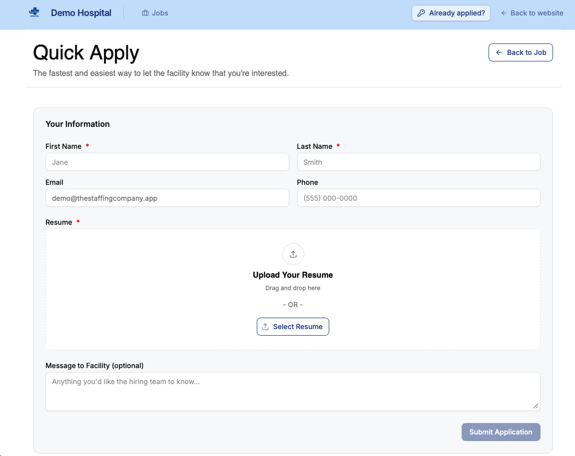 Quick Apply modal - contact info and resume upload